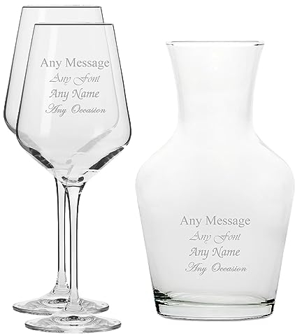 Lot de 2 verres à vin Infinity et carafe à vin de 1 litre, personnalisables avec n'importe quel message pour toute occasion, stylisez à partir d'une variété de polices, boîtes cadeaux incluses,