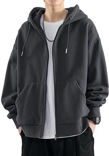 OLIPHEE Felpa con Cappuccio da Uomo Solid Color Felpa con Cappuccio Fashion Full Zipper Top con Tasche (M,Grigio Scuro)