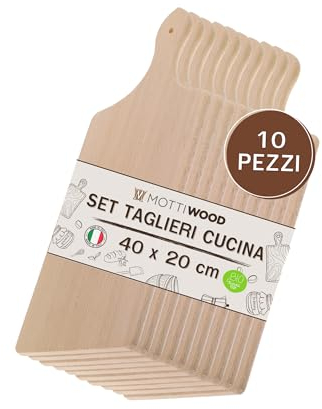 Set 10 Taglieri da Cucina con Manico, 100% Legno Faggio, Perfetto per Tagliare e Servire, Dimensioni 40x20x2hcm, Alta Resistenza, Made in Italy