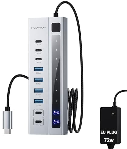 PULWTOP Hub USB C alimenté avec Adaptateur 72 W, hub USB C 3.2 avec données USB A/C (10 Gbit/s) et Ports de Charge (Max 45 W), Adaptateur multiport USB C avec câble de 3,3 Pieds (Pas pour la vidéo)