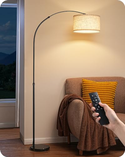 EDISHINE Dimmable Lampadaire avec Télécommande, Interrupteur à Pied, E27 Ampoule (2700K-6000K) Fournie, Hauteur et Orientation Réglables, Abat-jour en Lin, Lampe Sur Pied à Arc pour Salon, Noir