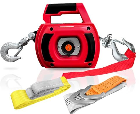 FITHOIST Treuil Portable de 453,6 kg, treuil alimenté par perceuse avec Sangle de Levage et Anneaux en D, treuil d'avertissement Manuel avec câble métallique en Alliage d'acier de 12 m pour traîner,