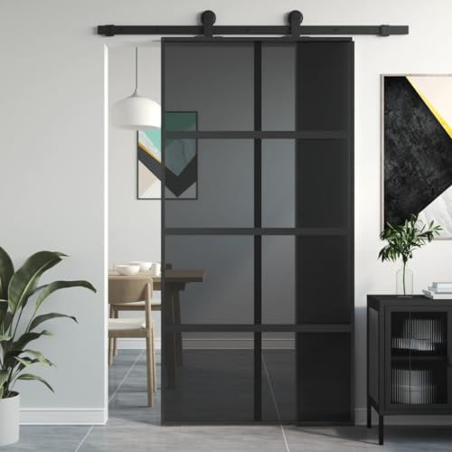 DJEKA Porta da Interno, Porta Scorrevole Interno Muro, Porte Interne, Porta Scorrevole Esterna, Porta Scorrevole Nera 102,5x205 cm Vetro Temperato e Alluminio