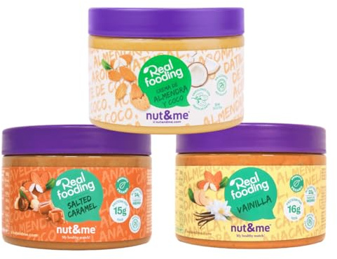 Pack Cremas Realfooding nut&me | Crema sabor vainilla y canela 250g | Crema sabor caramelo salado 250g | Crema de almendra y coco 250g | 100% Naturales