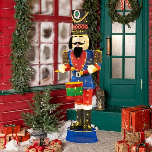 GOPLUS 185 CM Soldat Casse Noisette Noel Lumineuse, Decoration Noel Lumineuse Intérieure et Extérieure avec 100 Lumières LED, Nutcracker Debout pour Porche, Jardin, Verger
