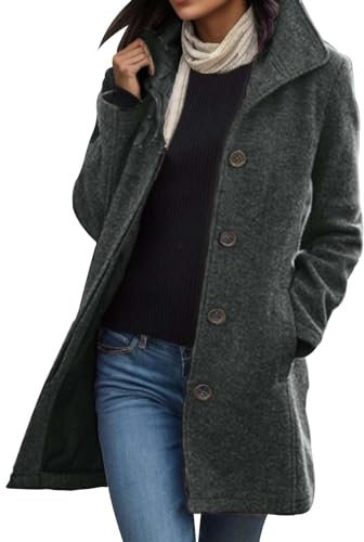 Viunychn Damen Wollmantel Stehkragen - Warmer Langer Mantel Lockerer Langer Wintermantel Mit Taschen Wollmantel Hemdmantel Wollmantel Einreihiger Urlaub Lässiger Damen-Reisemantel