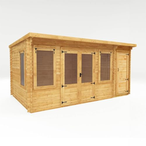 WALTONS | Wooden Log Cabin 5.1m x 3m with Side Shed | Pent Roof | Garden Room | 19mm Interlocking Log Boards | Double Doors