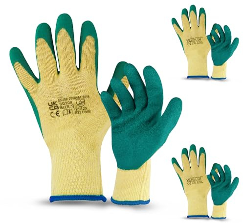 Navoys 3 Pairs Safety Work Gloves - Green Nylon | Nitrile Coated Finish | Size 9/10 | Heavy Duty Gloves Ideal for DIY, Building, Automotive Fixing, Gardening | Non-Slip | Lightweight and Breathable