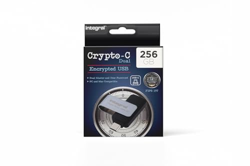 Integral 256GB Crypto-C Dual Encrypted USB Flash Memory Drive, AES-XTS 256-Bit Hardware Encrypted USB 3.2 with Secure Dual Password - Certified to FIPS 197, Compatible with Mac, MacBook, PC, laptop