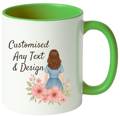 Gift Hub Personalised Mug | Coffee Cup with Coloured Handle and Inner | Any Photo or Text | Custom Coloured Cups for Valentine, Birthdays, & Occasions | Ceramic Mugs Available in Ten Colours | Green