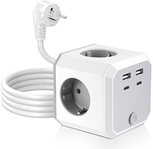 Steckdosenwürfel mit Schalter, 2M Verlängerungskabel Steckdosenleiste, Mehrfachsteckdose mit USB, 8 in 1 Steckdose Steckerleiste 4 AC + 2 USB-A + 2 USB-C 5V/3.4A Mehrfachstecker Cube Steckdosenadapter