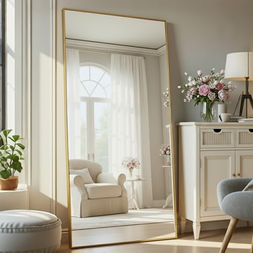 Aplancee Ganzkörperspiegel 190x85 cm, Standspiegel, Wandspiegel, Gold | Zum Anlehnen oder Aufhängen: Großer rechteckiger HD-Spiegel mit Metallrahmen für Flur, Schlafzimmer und Wohnzimmer