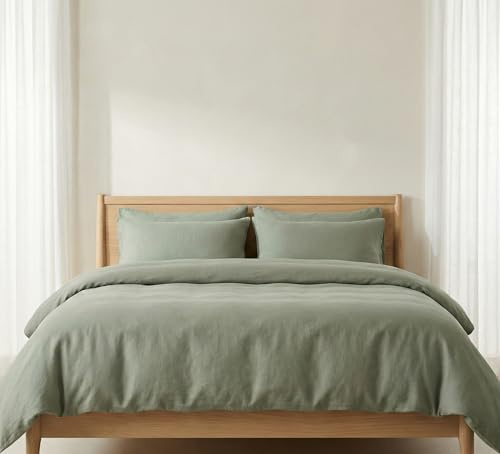 The Tangerine Store Set Copripiumino - Biancheria da Letto in Misto Lino e Cotone, Traspirante, Prelavato e Ipoallergenico - Verde Salvia, Singolo (160 x 223,5 cm)