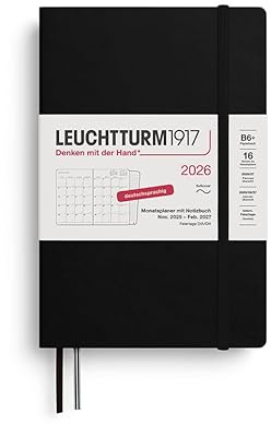 LEUCHTTURM1917 372609 Monatsplaner & Notizbuch Paperback (B6+) 2026, 16 Monate (01 November 2025-28. Februar 2027), Softcover, Schwarz, Deutsch