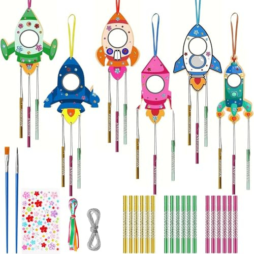 Canollo 6 Stück Windspiel Bastelset Kinder Raketen, DIY Bastelset Holz Windspiel mit Buntes Polyesterband, Bürste und Edelsteinaufkleber, Holz Basteln Kinder für Mädchen Jungen DIY Handwerk