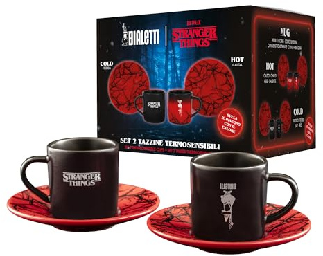Bialetti Set 2 Tazzine con Piattini Stranger Things, Termo Sensibili, cambiano colore con il calore, No Lavastoviglie, 80 ml ciascuno, Nero