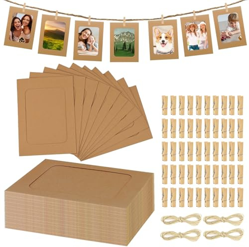 40 guirnaldas de fotos de 10 x 15 cm, con pinzas, marco de fotos de papel con 40 pinzas de madera, marcos de fotos autoadhesivos de 6 pulgadas para cumpleaños, bodas, fiestas, decoración de pared
