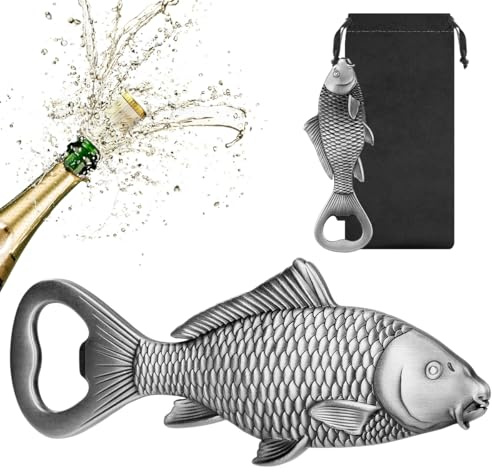 LULLEA Carp Beer Bottle Opener, Fishing Gifts for Fisherman, Carp Fish Decoration, Birthday Fathers Day Christmas Gifts for Men Women Dad Fisherman, Silver Beer Accessories with Gift Bag
