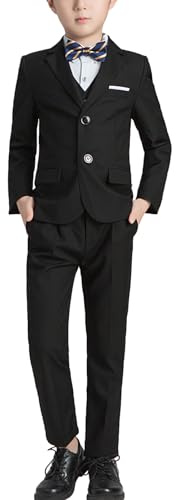 amropi Traje de Niños 4 Piezas Conjunto de Boda Caballero Blazer y Pantalón y Blusas y Pajarita Ropa de Formal Boda Negro,12-13 años