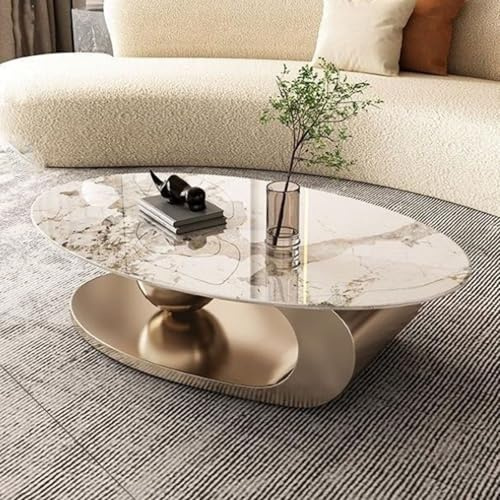 YPDOPORA Mid Century Modern Couchtisch Mit Ovaler Marmorplatte, 2-Stufige Ovale Marmor-Mitteltische, Schlichte Design-Couchtische, Mitteltisch Für Wohnzimmer, Büro, Wohnung,Gold,120 * 70cm