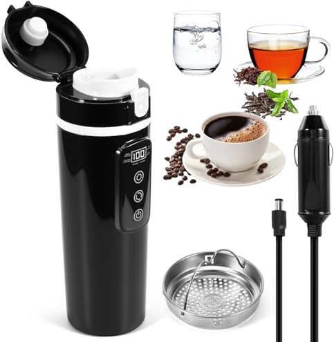 Hangrow Bouilloire électrique de voyage pour voiture, DC 12 V/24 V, 500 ml, gobelet chauffant avec infuseur à thé, gobelet chauffant en acier inoxydable avec écran LCD pour voyage, camping