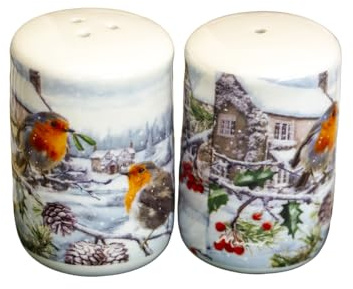 Christmas Robins Salt & Pepper Shakers Ceramic Kitchen Condiment Pots Set Boxed
