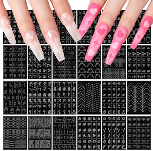 SAVILAND Essentials 24 Sheets Airbrush Stencils: Nail Stickers for Nail Art French Tip Hollow Airbrush Nails Stencils Flower Stars Butterfly Air Brush for Nails Supplies DIY Tool (170 Designs)