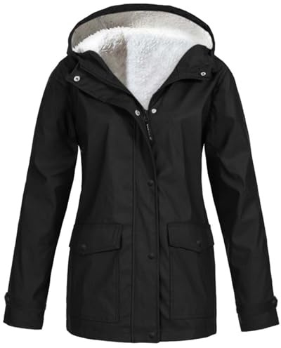 Chaqueta impermeable para mujer con forro polar y capucha, abrigo de lluvia para invierno cálido al aire libre, impermeable con bolsillos para senderismo y caminar, chaqueta casual de manga larga