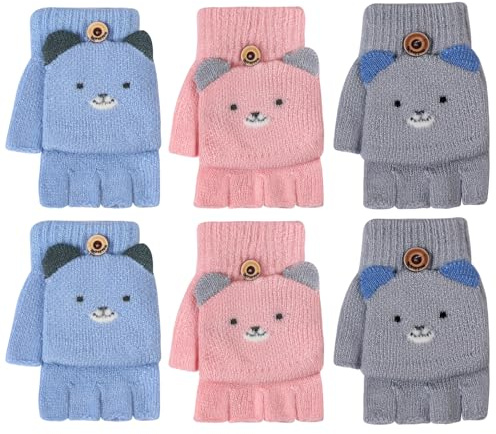 TAGVO Kids Magic Winter Gloves for Boys And Girls, 3 Pairs Windproof Warm Soft Knit Convertible Flip Top Touchscreen Fingerless Gloves, Childrens Mittens For Outdoor Cycling Hiking Skiing Playing