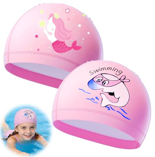 2 Pcs Kids Swimming Cap Comfortable Anti Slip Fabric Swimming Hat Stretchy Waterproof Swim Cap for Toddler Childrens Boys Girls Teens Age 4-10, Pink