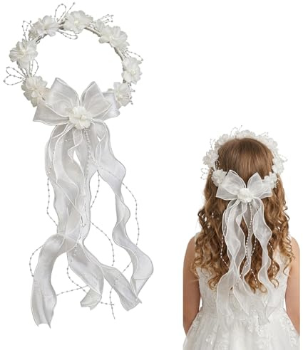 Haarschmuck Kommunion Mädchen,Haarkranz Kommunion Haarschmuck für Mädchen,Stirnband Erstkommunion Prinzessin Blumen Haarreif Blumenmädchen Kopfschmuck Haarband mit Blüten Perlen für Hochzeit(Weiß)