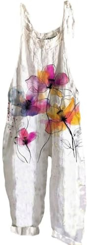 Daikascbny Salopette Donna In Lino Con Tasche Laterale Overall Vintage Casual Con Fiori Stile Salopette Elegante Con Spalline Regolabili Senza Maniche Jumpsuit Estiva Gamba Dritta Tuta