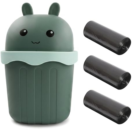 Mini Papelera Escritorio con Tapa, Cubo Basura Pequeño Diseño Creativo de Conejito, Papelera Baño Pequeña de Plástico, Ideal para Oficina, Hogar, Dormitorio, Cocina y Salón, Incluye 3 Rollos de Bolsas