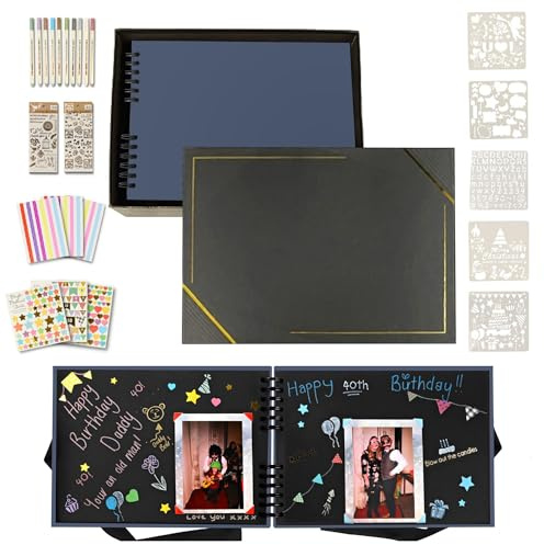 Álbum de Fotos Scrapbook con Caja Regalo 10 Bolígrafos Metálicos Plantillas Pegatinas Esquineras para Recuerdos Aniversario Cumpleaños San Valentín Manualidades Creativas Personalizadas DIY Kit (Azul)