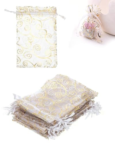 QEDBOJE 50 Bolsas de Organza Blancas para Primera Comunión y Bodas, Bolsitas de Regalo Pequeñas, Fundas Reutilizables para Fondos de Fiesta, Aniversarios, Cumpleaños y Regalos Sorpresa
