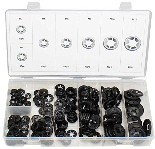 Sicherungsscheiben Set/Sperr Sicherungsring Satz Stern Schnellspanner Sortiment Größen M3 M4 M5 M6 M8 M10 M12 Sicherungs-Unterlegscheiben-Set 250-tlg. (im wiederverwendbaren Aufbewahrungsbox)