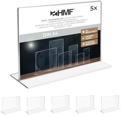 HMF Présentoir de Table Acrylique A4 Format Paysage, Porte Menu Restaurant, Double Face, Support Affiche Publicitaire pour Bureau, Restaurant, Menu | Transparent