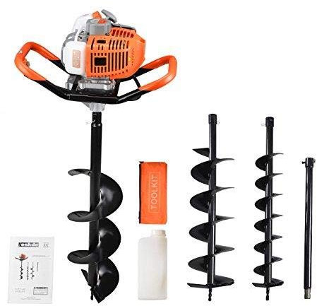 eSkde Petrol Auger Post Hole Digger - 52cc Fence Post Digger Tool for Tree Planting, Poles and Shrubs, Earth Auger Hole Borer with 3 Drill Attachments 100mm, 150mm, 200mm and Extension Pole