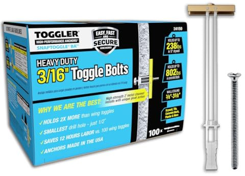 TOGGLER SNAPTOGGLE Heavy-Duty Drywall Toggle Bolt – 3/16-24 UNC Zinc-Plated Anchor for Hollow Walls, Plaster & Tile – Holds 238 lbs in 1/2 Drywall, Easy Install – 100 Pack (W/Flathead Bolts)