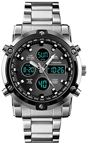 TONSHEN Orologio Uomo Fashion Analogico Quarzo LED Elettronico Tre Tempo Casual Multifunzione Sportivo Orologio Digitale Allarme Cronometro Acciaio Inossidabile