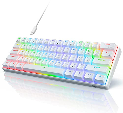 RK ROYAL KLUDGE RK61 Teclado mecánico gaming con cable 60% programable QMK/VIA RGB retroiluminado, 61 teclas, ultracompacto, intercambiable en caliente, switch marrón, blanco
