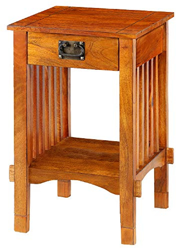 Benjara Spacious Mango Wood Telephone Stand with Slatted Side Panels, Brown