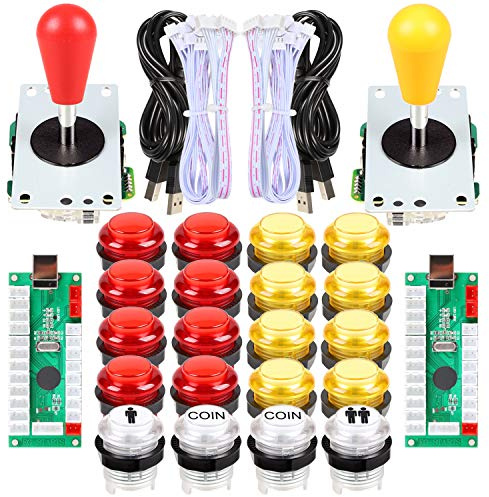EG STARTS Kit d'arcade LED pour 2 joueurs 2 encodeurs USB + 2 joysticks ovales ellipse + 20 boutons d'arcade LED pour PC MAME Raspberry Pi Windows System (kit rouge et jaune)
