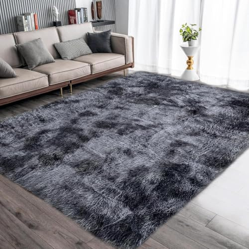Leesentec Teppich für Wohnzimmer, Schlafzimmer, Jugendliche, Mädchen, Shaggy, modernes Design, Langflor, weich, rutschfest, großer Teppich für Kinder, Schlafzimmer(Schwarz Grau, 160 * 230cm)