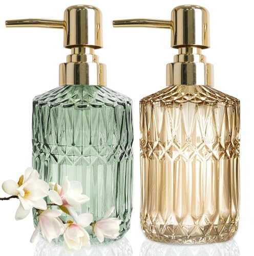 JINYOMFLY Seifenspender Grün Gold Glas, 390ml Shampoo Flaschen zum Befüllen, Seifenspender Glas mit Pumpe, Vintage Elegant Seifenspender 2er Set