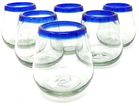 Dos Sueños Copas de vino mexicanas sopladas a mano sin tallo - Juego de 6 copas con bordes azul cobalto (15 oz)
