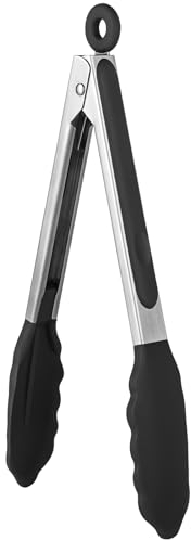 U-Taste 23 cm Silikon-Küchenzange 315℃ hitzebeständige Kochzange mit fest versiegelten Antihaft-Gummispitzen & silikonbeschichtetem Stahlgriff & glatter Verriegelung zum Servieren von Grill (Schwarz)