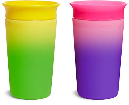 Munchkin Miracle Lot de 2 gobelets 360° pour bébés et tout-petits - Sans BPA - Changement de couleur - Anti-fuite - Passe au lave-vaisselle - Pour enfants à partir de 12 mois - Jaune/bleu - 266 ml