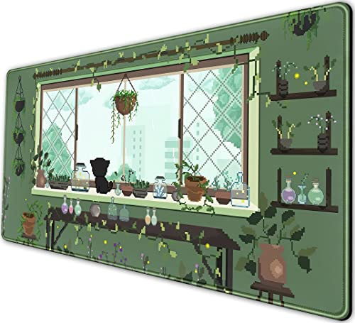 Niedliche Kawaii grüne Pflanze Schreibtischunterlage Anime Ästhetisches Mauspad Pixel Art XXL Großes Gaming-Mauspad Laptop-Tastaturmatte Schreibtischunterlage 80 x 40 cm, Büro Heimdekoration