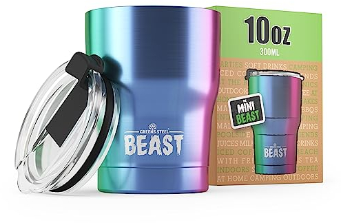 Greens Steel BEAST Tasse thermique de voyage – 300 ml I arc-en-ciel I double paroi inox Thermos café isolé I avec 2 pailles réutilisables et brosse à dents de nettoyage I idéal pour café froid ou